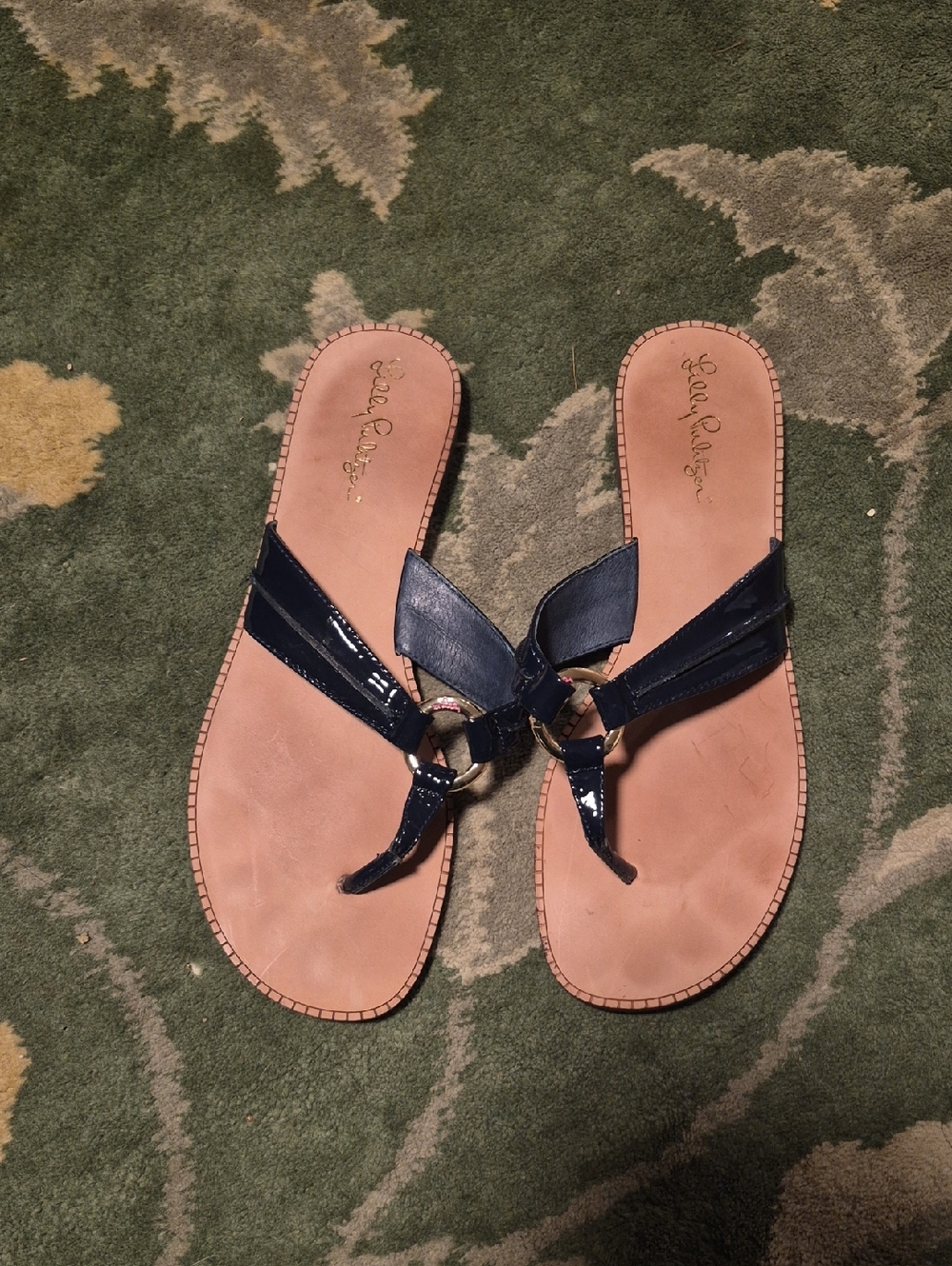 Lilly Pulitzer Navy Patent Thong Sandals With Gold Ring